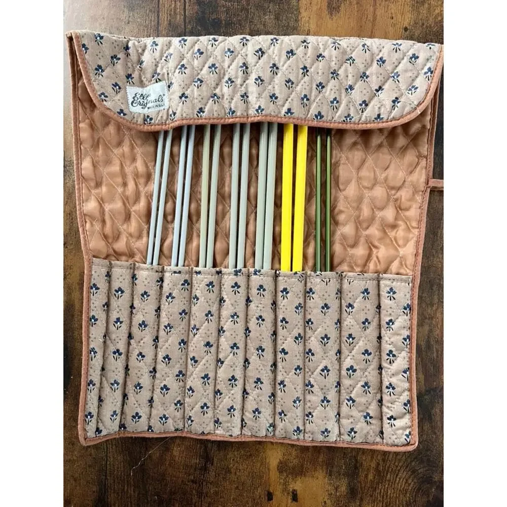 Vintage Quilted Knitting Needle Case with Needles | Floral Organizer Roll